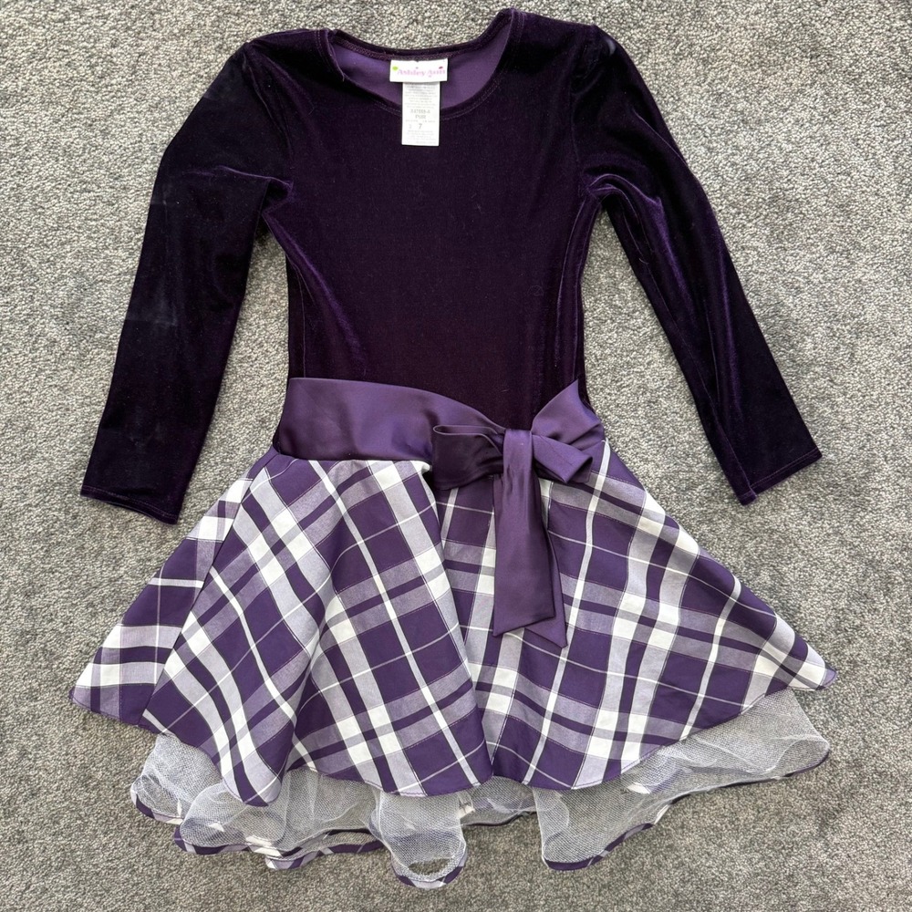 Ashley Ann Girls Purple Velvet Plaid Metallic Holiday Dress Size 7 Christmas